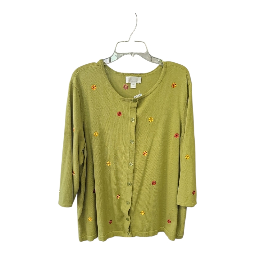 CJ Banks green sweater cardigan with embroidered Flowers Size 2X
